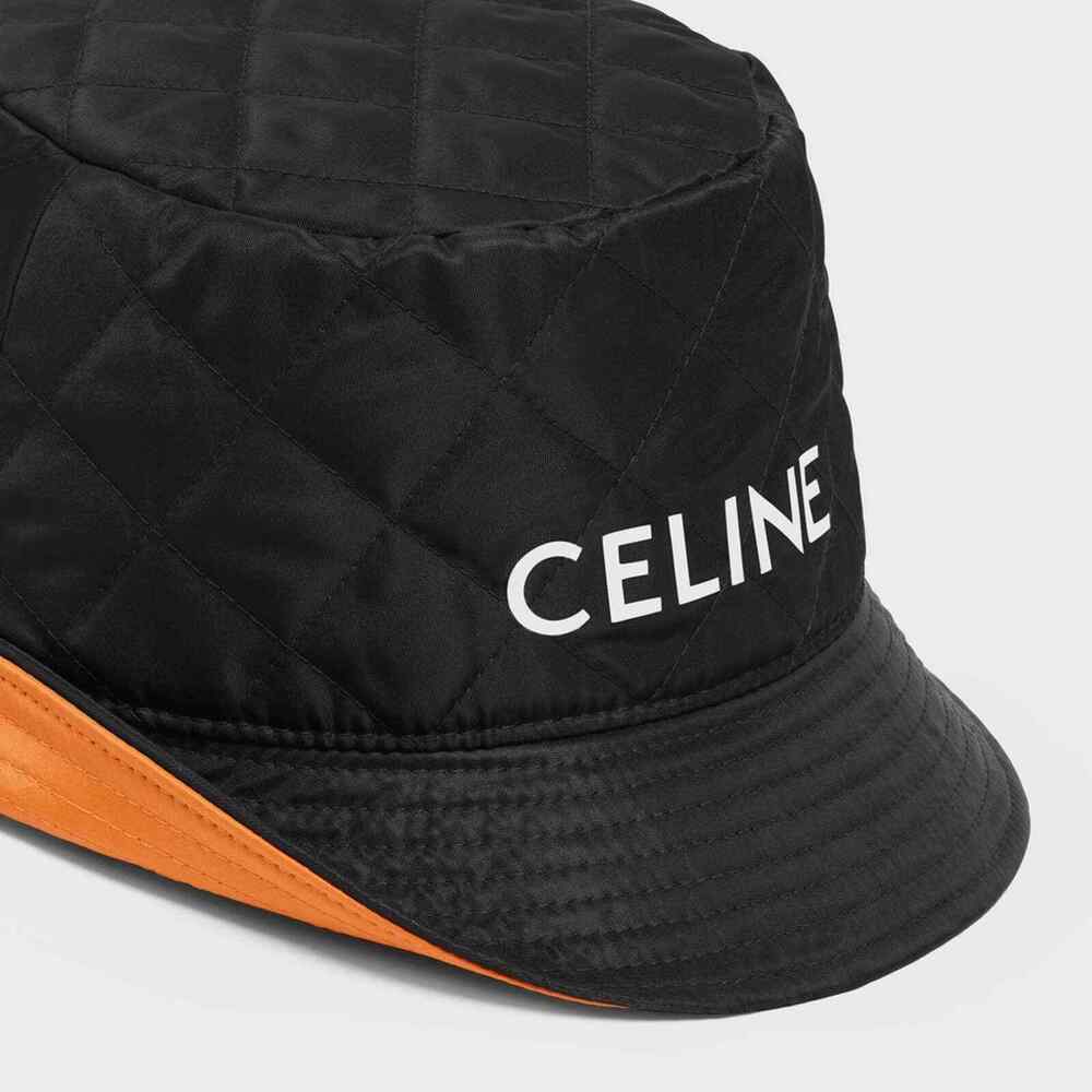 Celine Paris Black Quilted White Logo Nylon Twill Orange Sun Bucket Hat XS - Picture 6 of 12